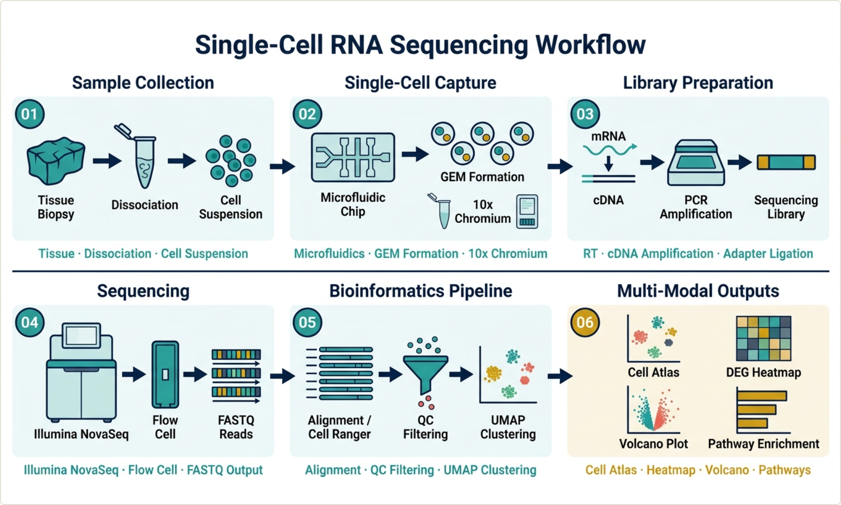 Example graphical abstract for a research paper — a single-cell RNA sequencing workflow showing the full pipeline from sample collection to multi-modal outputs